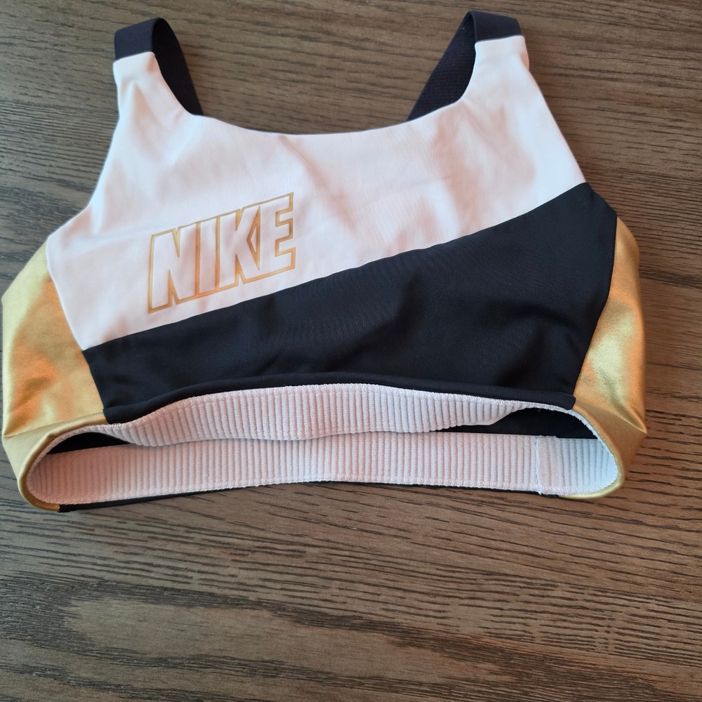 Nike Womens Colorblock Sports Bra Black White‎ Metallic Gold Small 716303-477445 - Picture 3 of 8